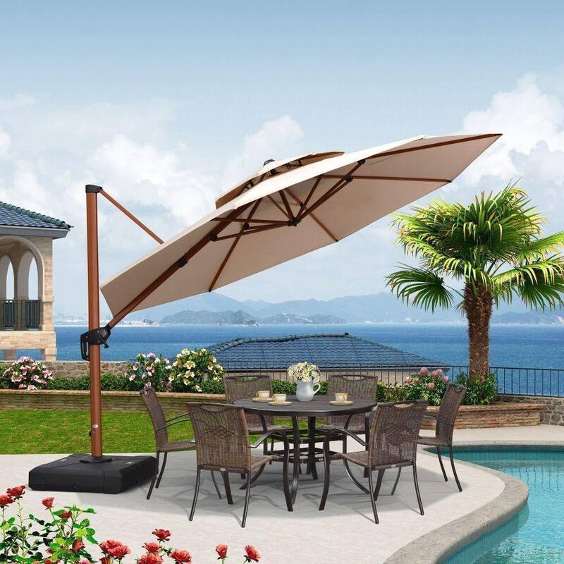 PURPLE LEAF 12ft Round outdoor cantilever Patio Umbrella wood colour - Beige