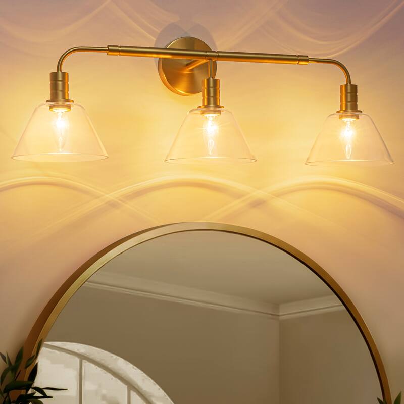 3-Light Modern Brass Bathroom Vanity Light with Clear Glass Shades - Gold Finish Wall Sconce for Bathroom Mirror - 3 Light