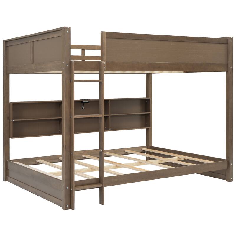 Brown Queen over Queen Solid Wood Bunk Bed with Storage and USB
