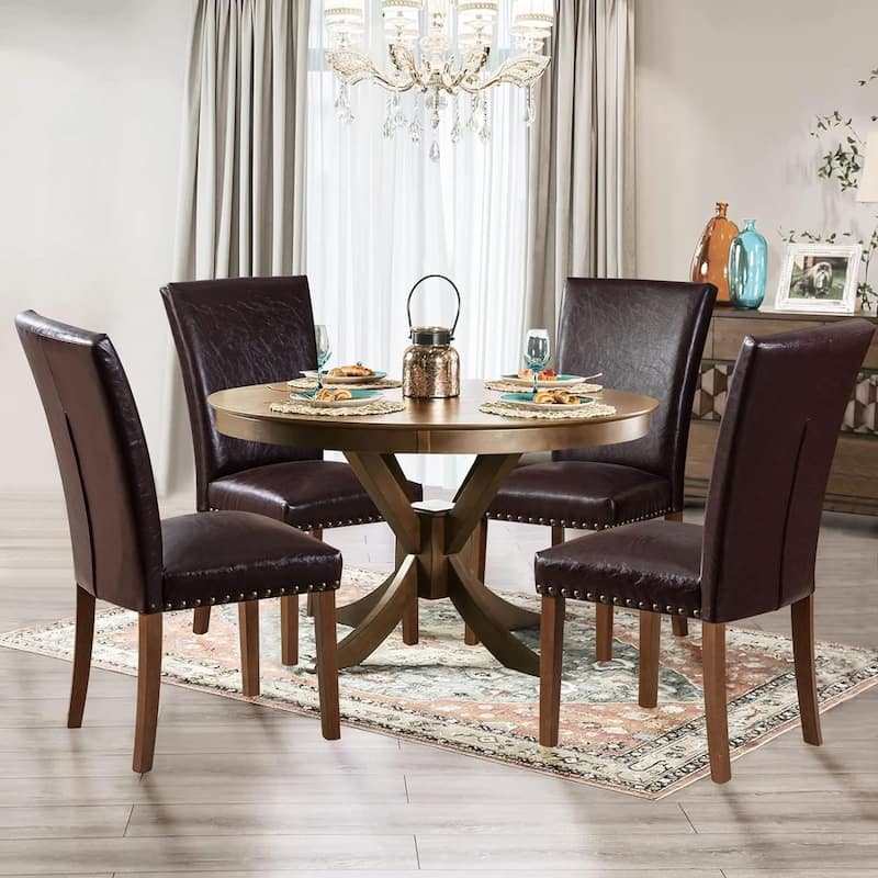 Upholstered Parsons Dining Chairs Set of 2/4/6, Fabric Dining Room Kitchen Side Chair with Nailhead Trim and Wood Legs - Set of 4 - L-DarkBrown