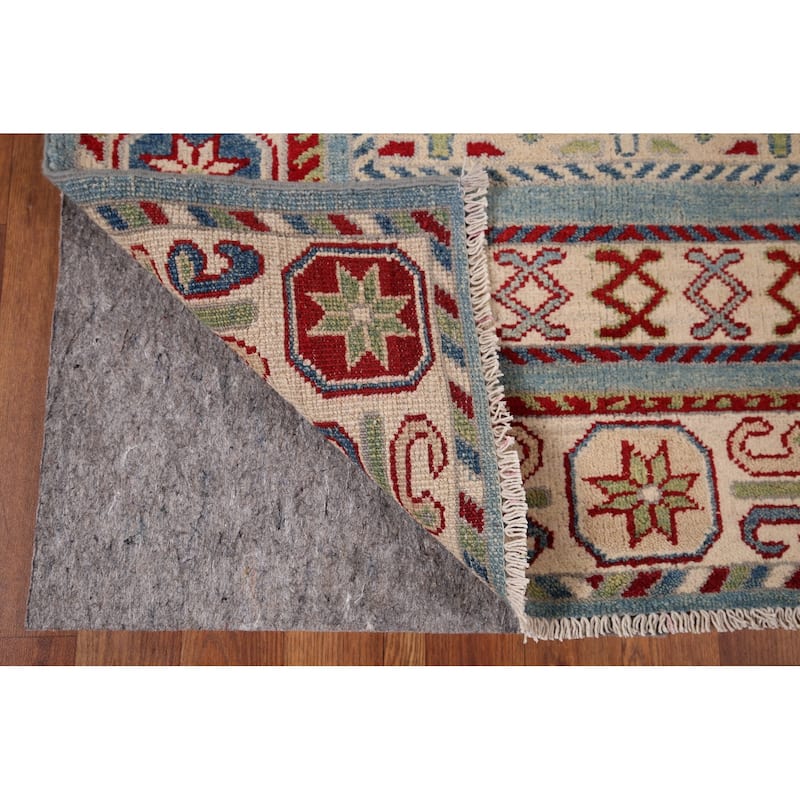 Geometric Blue Kazak Oriental Runner Rug Hand-Knotted Wool Carpet - 3'2" x 16'1"
