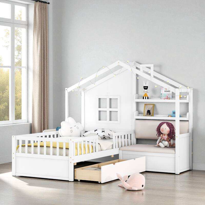 Twin House Bed with Sofa, Two Storage Drawers & Shelf, Kids Playhouse Platform Bed with Pine Wood Frame