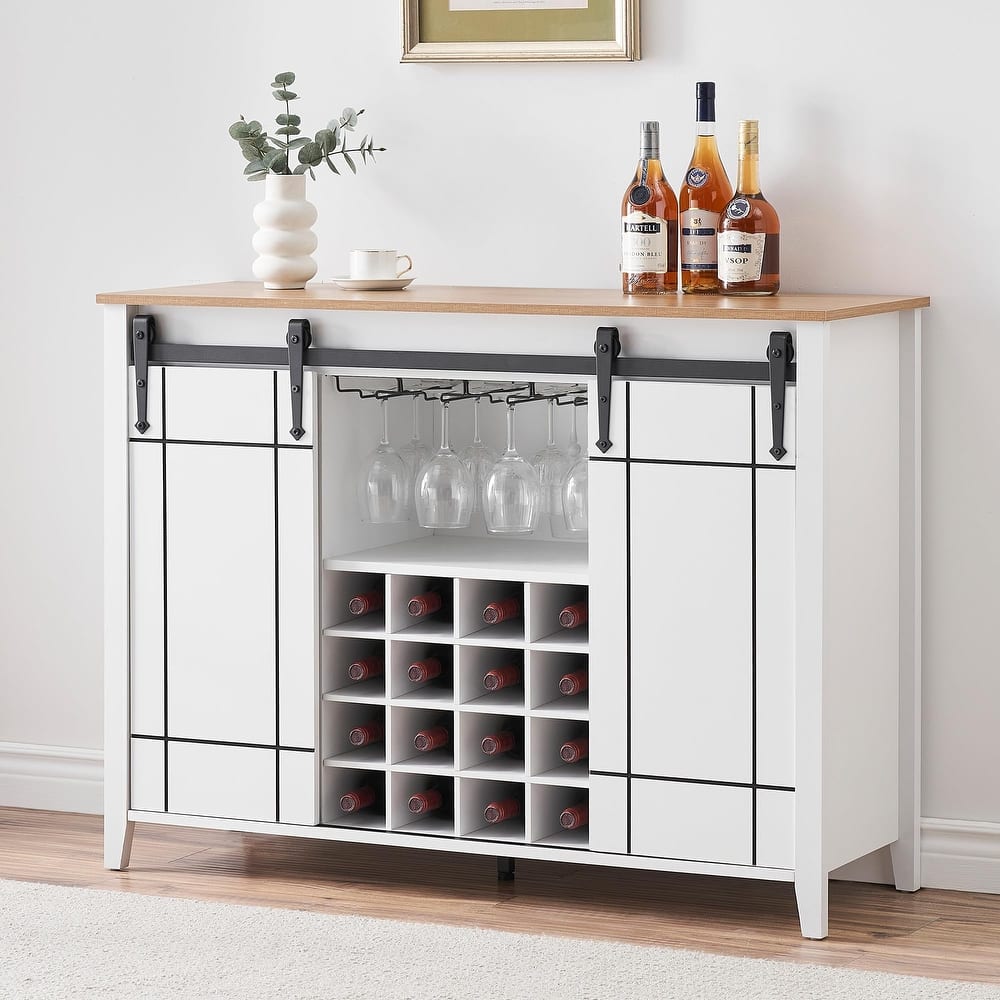 Farmhouse 47'' Wine Bar Cabinet Buffet Sideboard Cabinet with 16 Bottle Wine Rack - 15.7"D x 47.2"W x 34.61"H