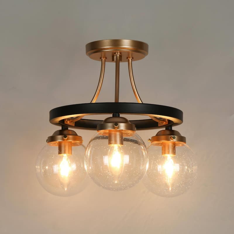 Modern Farmhouse 3-Light Black Gold Semi-Flush Mount Glass Ceiling Light - 14.5" D x 12" H