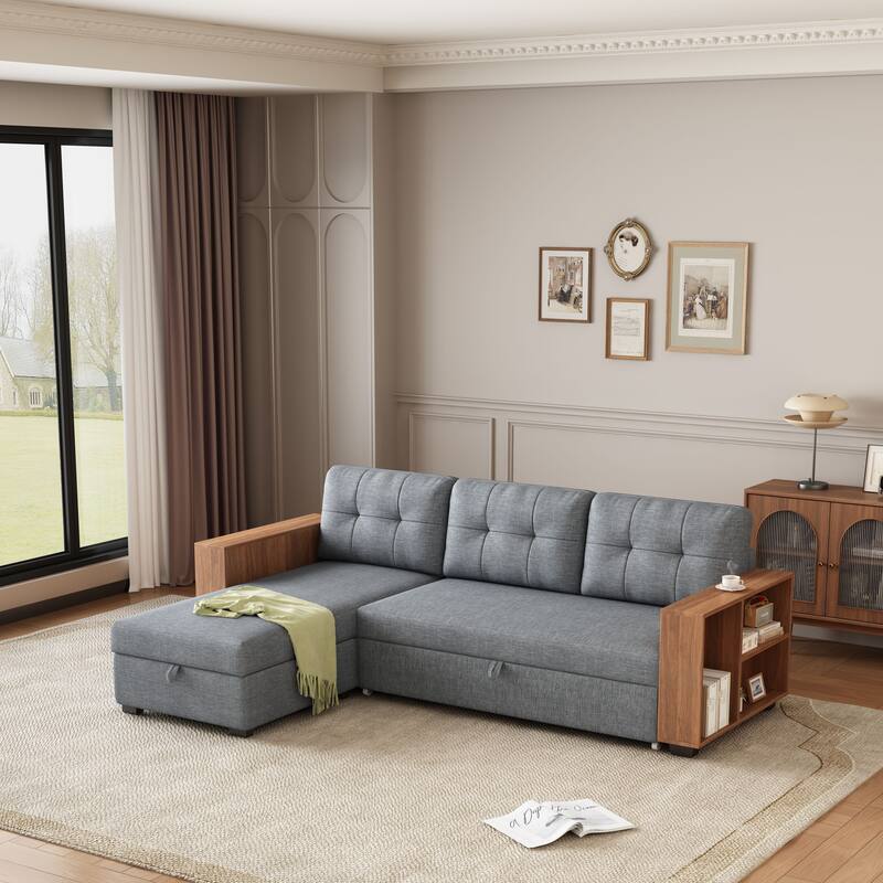 Upholstered Pull Out Convertible Sectional Sofa with Storage Chaise