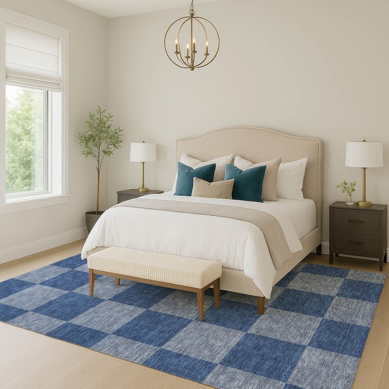 Machine Washable Indoor/ Outdoor Modern Checker Chantille Rug
