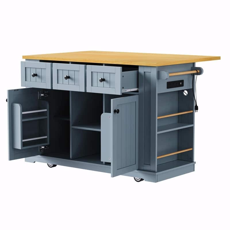 53" Rolling Kitchen Island with Drop Leaf, Power Outlet & Internal Door Storage, 5 Open Side Racks