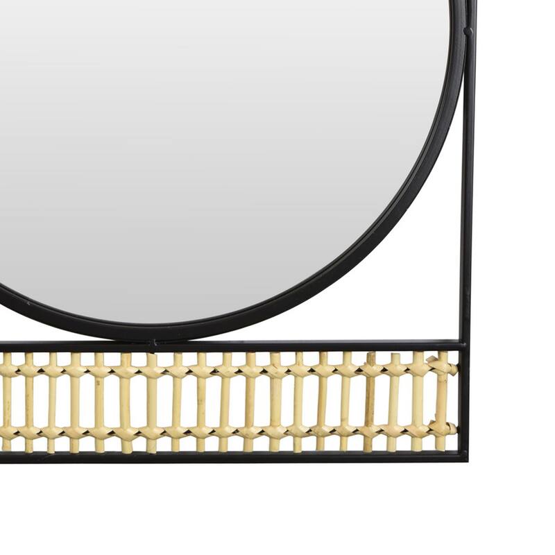 Zine Mirror Wall Decor, Round Glass, Woven Border, 19 x 27 Black Metal