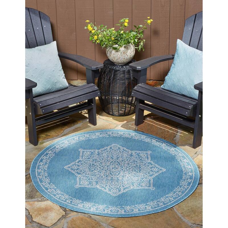 Outdoor Nirie Collection Area Rug - Light Aqua - 4' Round