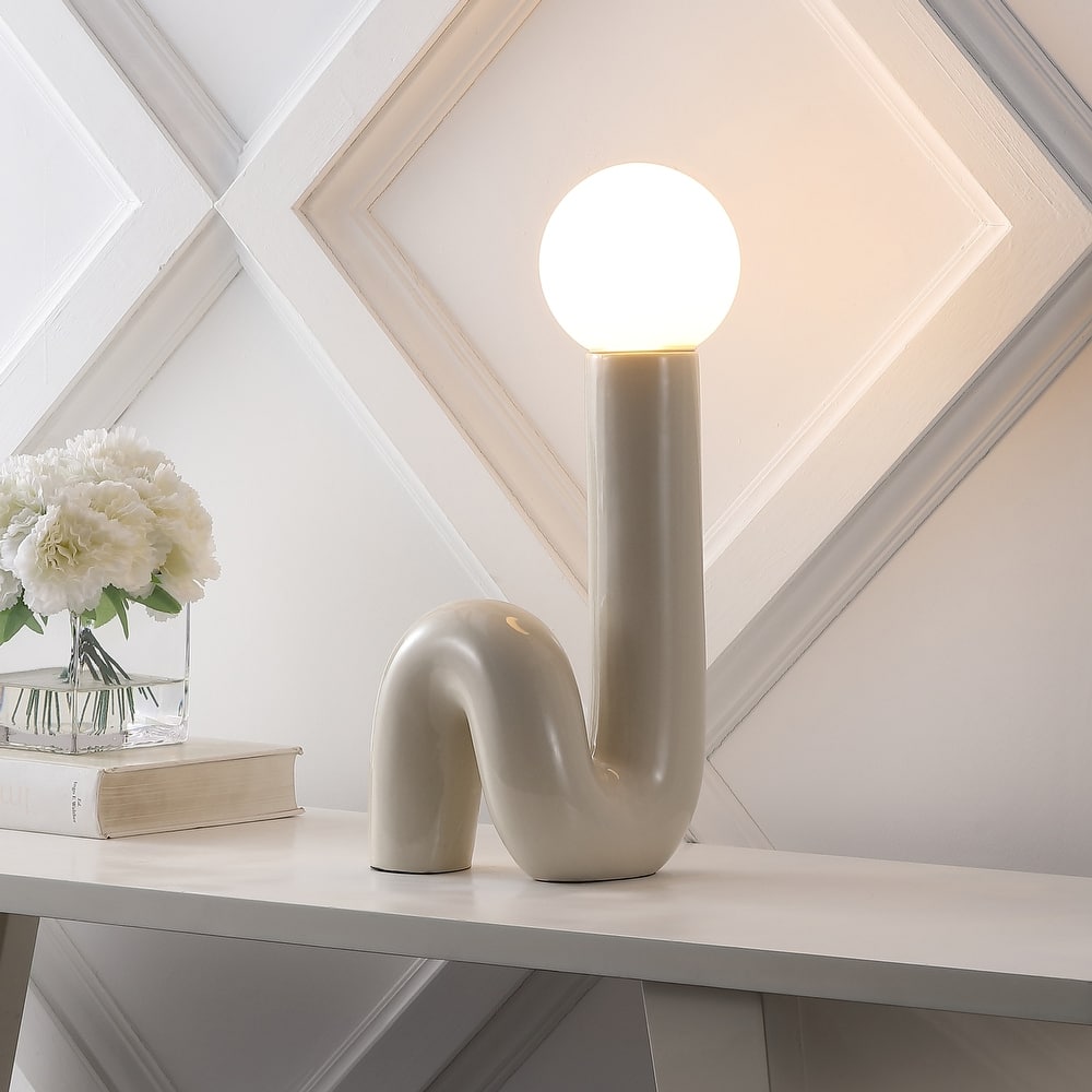 Katya 18" Scandinavian Minimalist Ceramic Spiral Tube LED Table Lamp, by JONATHAN Y