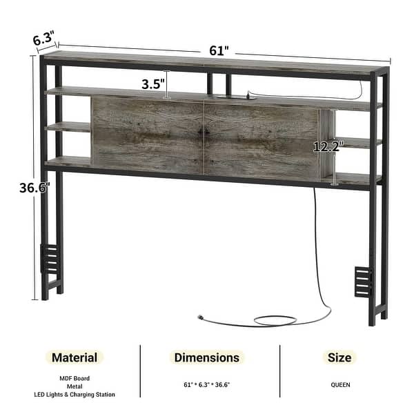 dimension image slide 5 of 11, Headboards with Storage Shelves, Head Board with Power Outlet and LED Light for Bed Frame