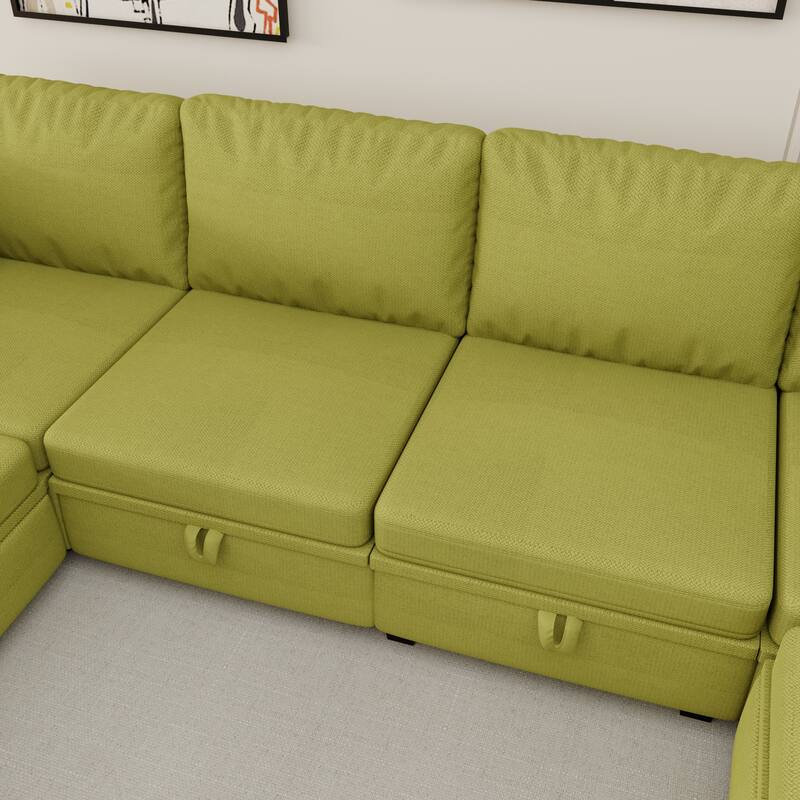 Linen Fabric U Shaped Modular Couch Set with Ottomans and Storage Seats