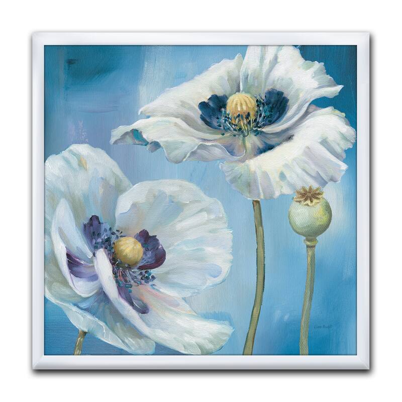 Designart "White Flower on Blue I" Farmhouse Framed Art Print
