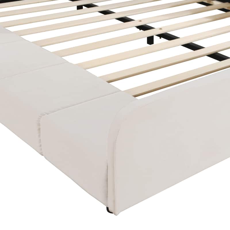 Full Size Velvet Upholstered Platform Bed w/ Bedside Desk & Stool, Mother & Child Platform Bed Frame w/ Footboard & Guardrail
