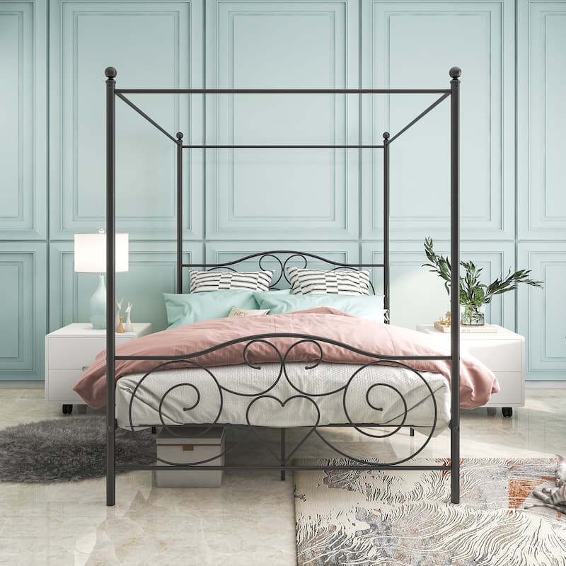Black Metal Canopy Bed Frame with Vintage Headboard & Footboard, Sturdy