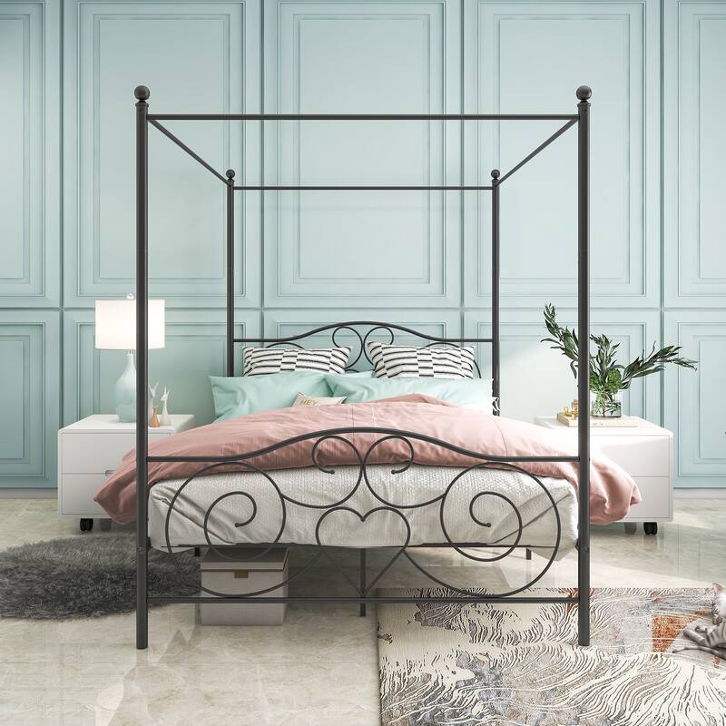 Metal Canopy Bed Frame with Vintage Headboard & Footboard - Black - Queen