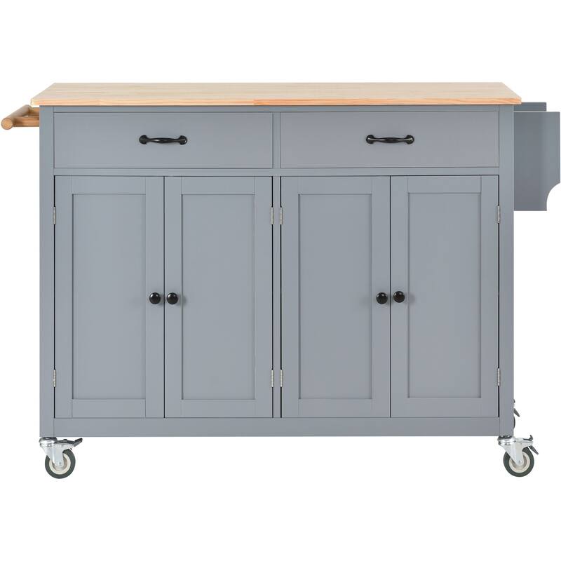 Kitchen Island Cart with Solid Wood Top, 4 Door Cabinet, 2 Drawers, Spice & Towel Rack, Locking Wheels, 54.3" - White