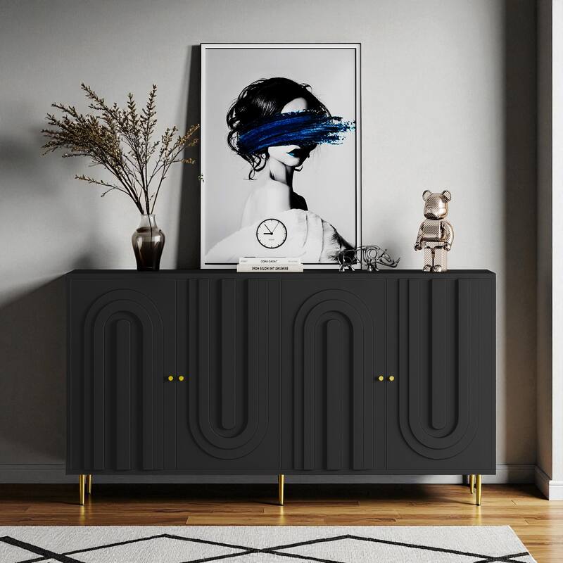 Modern 4-Door Lacquered Sideboard Buffet Cabinet with Gold Legs, Adjustable Shelves for Living Room or Dining Room