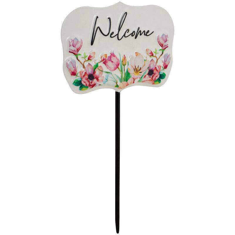 Floral Welcome Outdoor Yard Metal Garden Stake - 8" - White