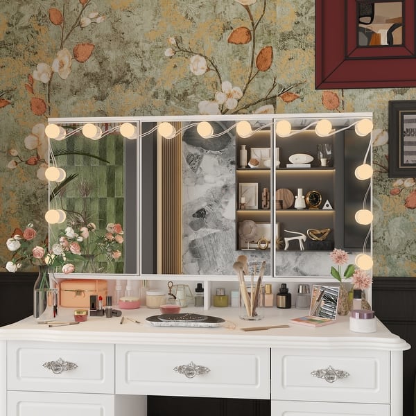 White Vanity Desk Makeup Vanity with 9 Drawers & Storage Cabinet, Large Dressing Table with Adjustable Lighting