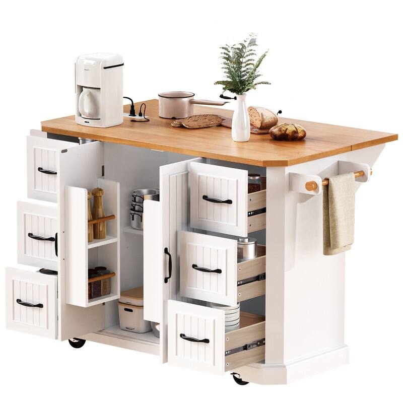 Kitchen Island with Drop Leaf,Features Power Outlet and Ample Storage
