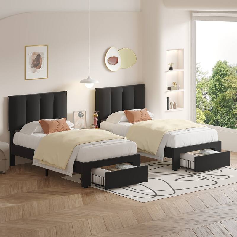 Black Bed Frame with 4 Storage Drawers, Upholstered Platform Bed Frame with Adjustable Headboard
