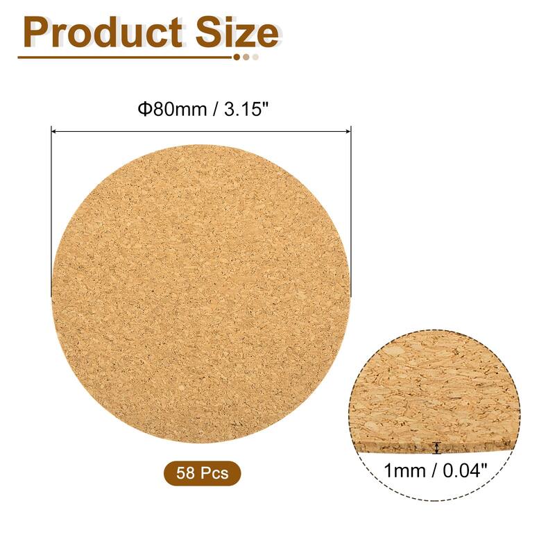 Self Adhesive Cork for Coaster, Round Cork Tiles - Brown - 58Pcs - 80mm Dia, 1mm Thick