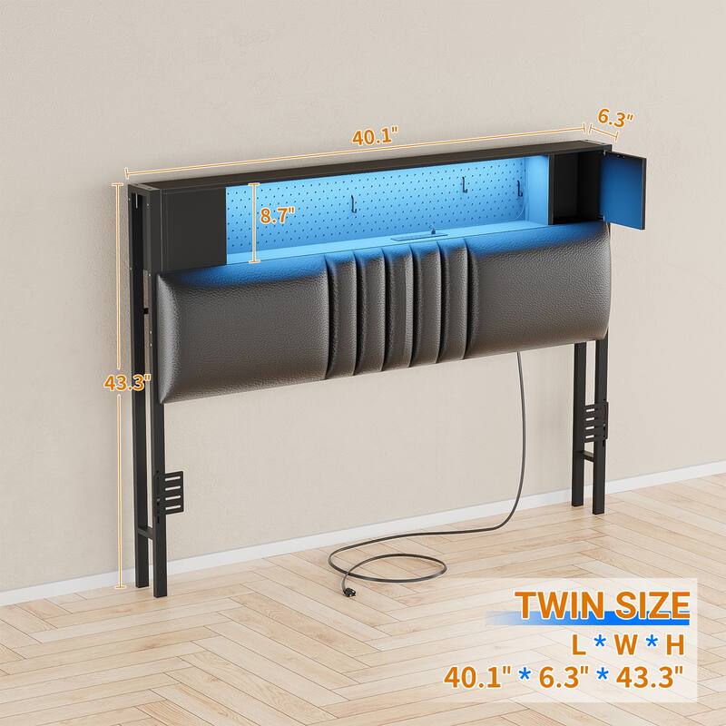 Upholstered Headboard with Storage Shelf and Small Cabinet, Headboard Power Outlet and LED Light
