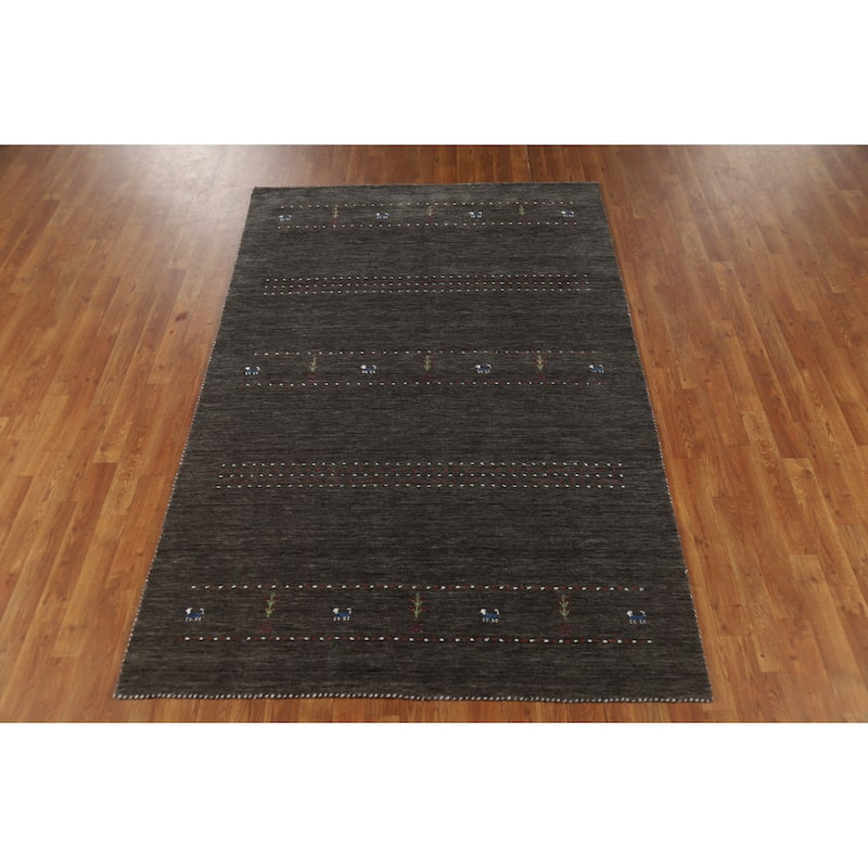 Tribal Gabbeh Indian Area Rug Hand-Knotted Grey Modern Wool Carpet - 5'0" x 7'8"