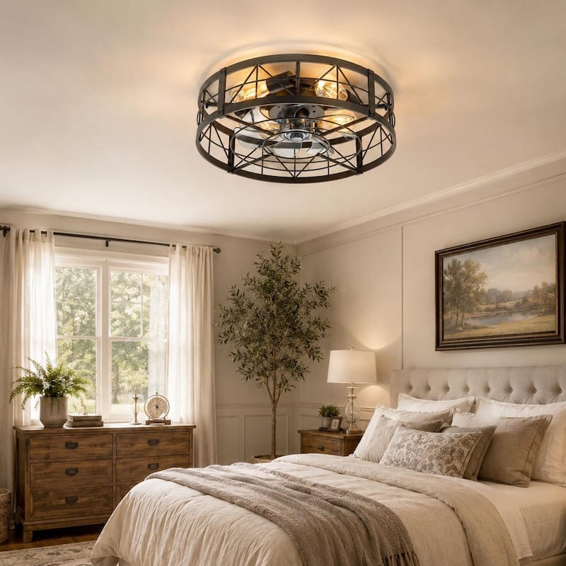 20" 7-Blade Matte Black Flush Mount Caged Ceiling Fan with Light and Remote