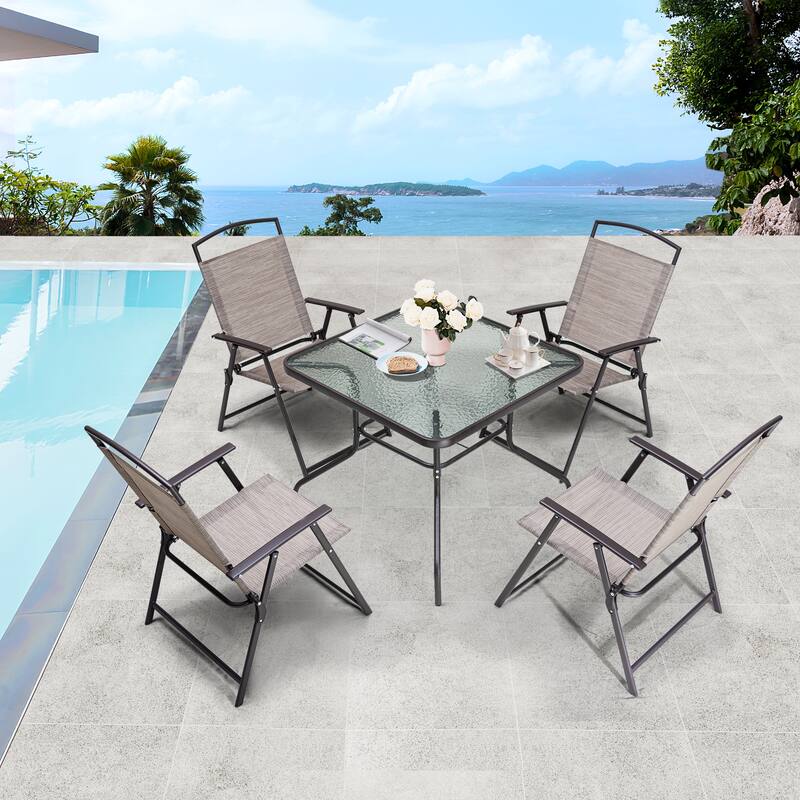 Outdoor 5-piece Patio Dining Set Folding Chairs and Glass Table with Umbrella Hole - See the specifications