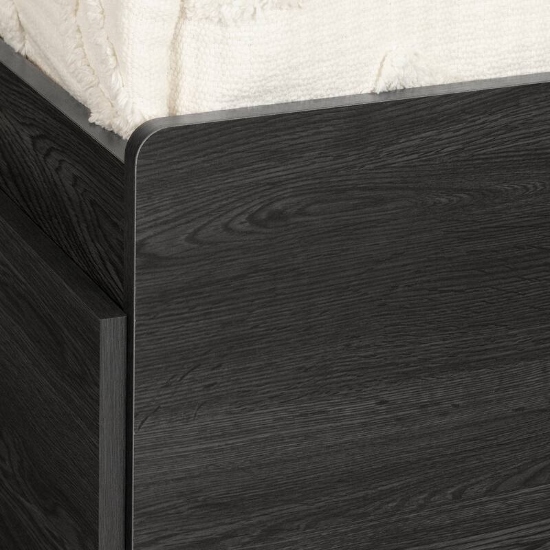 Asian Style Bed Set with Bookcase Headboard - Gray Oak Finish, 85x41 Inch, 2 Shelves, Sliding Door, Pillows Included