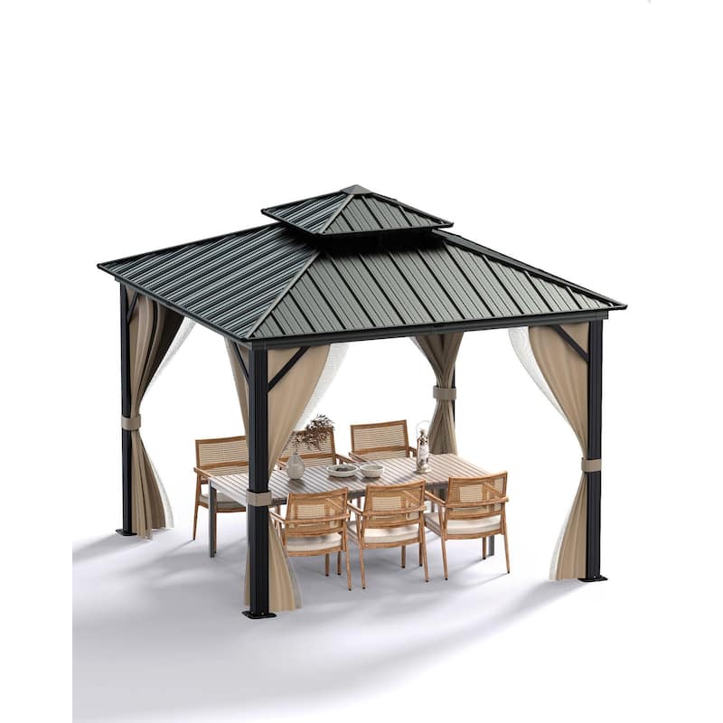 Hardtop Gazebo 10'x10',10'x12',10'x14',12'x12',12'x14',12'x16',12'x20'for All Weather - Khaki_10'*10' - Khaki_10'*10'