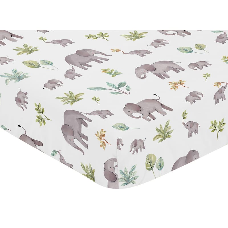 Sweet Jojo Designs Watercolor Elephants Boy Girl Gender Neutral 4p Nursery Crib Bedding Set Green Grey Jungle Safari Palm Trees