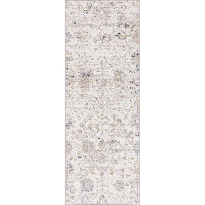 Hauteloom Azula Hallway, Kitchen Machine Washable Runner Rug - Ivory, Dark Red, Slate Blue - 2'7" x 7'3"