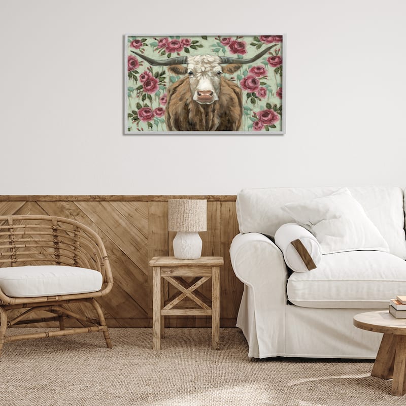 Stupell Longhorn with Magenta Blooms Framed Giclee Art Design By Sara G. Designs