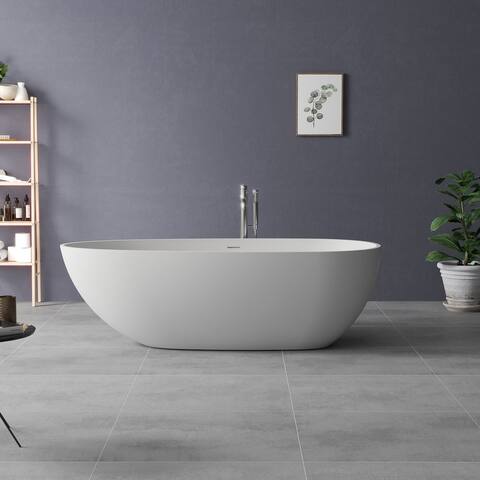 59 in. Solid Surface Freestanding Non-Whirlpool Soaking Bathtub in White