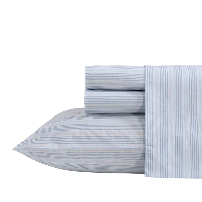 Nautica Cotton Percale Deep Pocket Bed Sheet Sets - Twin - Tayleur Stripe Blue