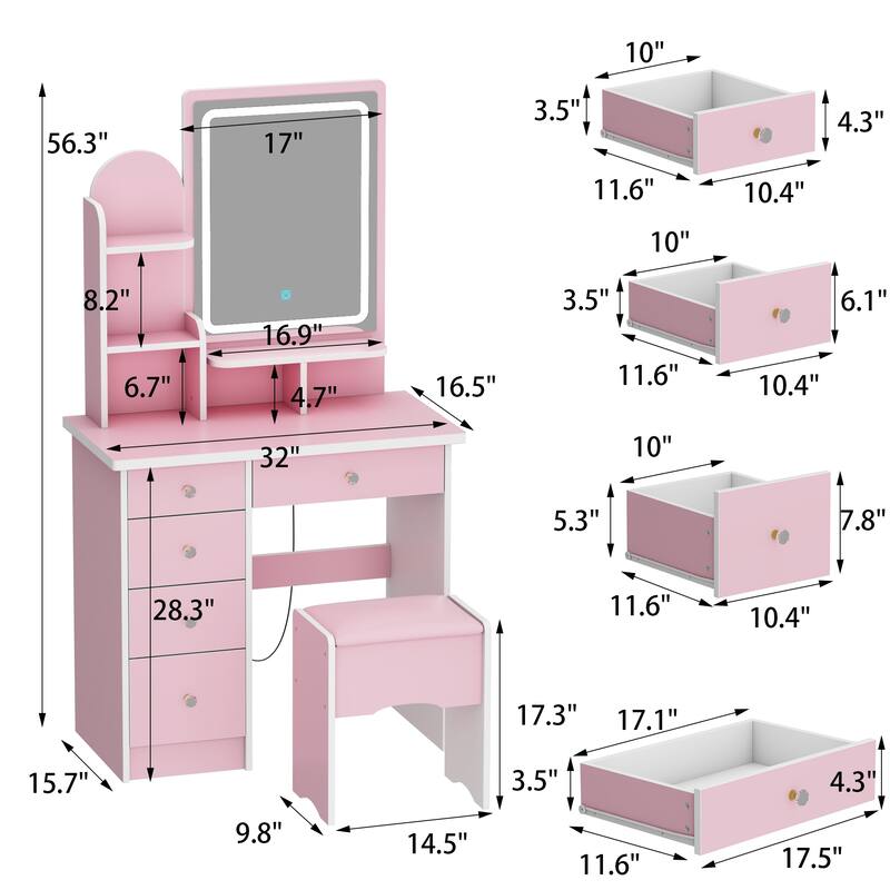 Vanity Desk with LED Lighted Mirror, Makeup Vanity Table with Drawers, Shelves and Stool