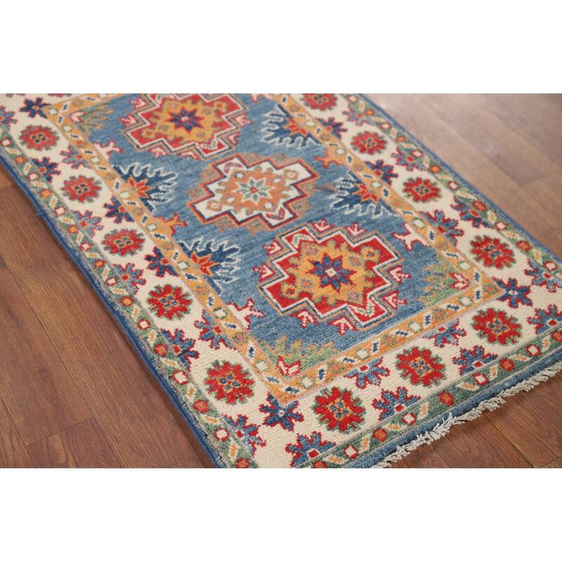 Hand Knotted Oriental 100% Wool Carpet Traditional Geometric Navy Blue & Blues Kazak Area Rug - 3' 1'' X 1' 11''