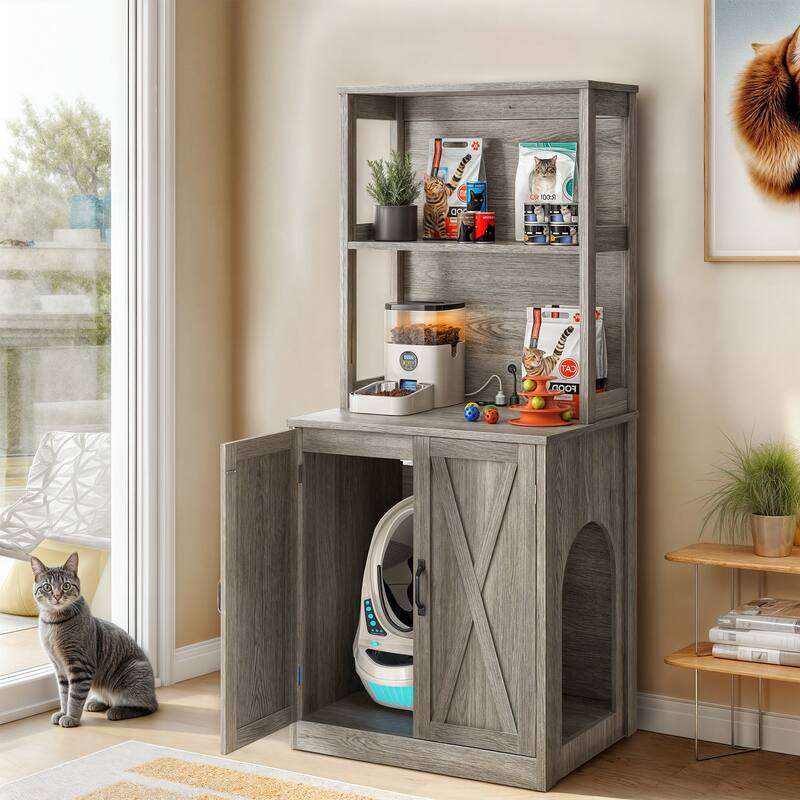 Moasis Large Hidden Cat Litter Box Enclosure Furniture with Shelves and Charge Socket - Grey