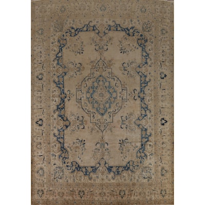 Beige Geometric Tabriz Persian Vintage Rug Handmade Wool Carpet - 9'2" x 12'8"