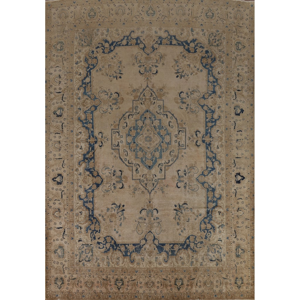 Beige Geometric Tabriz Persian Vintage Rug Handmade Wool Carpet - 9'2" x 12'8"