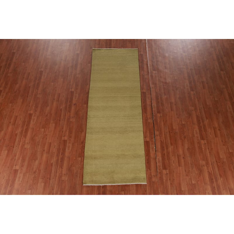Hand Knotted Oriental 100% Wool Carpet Modern Solid Green Gabbeh Runner Rug - 9' 4'' X 3' 2''