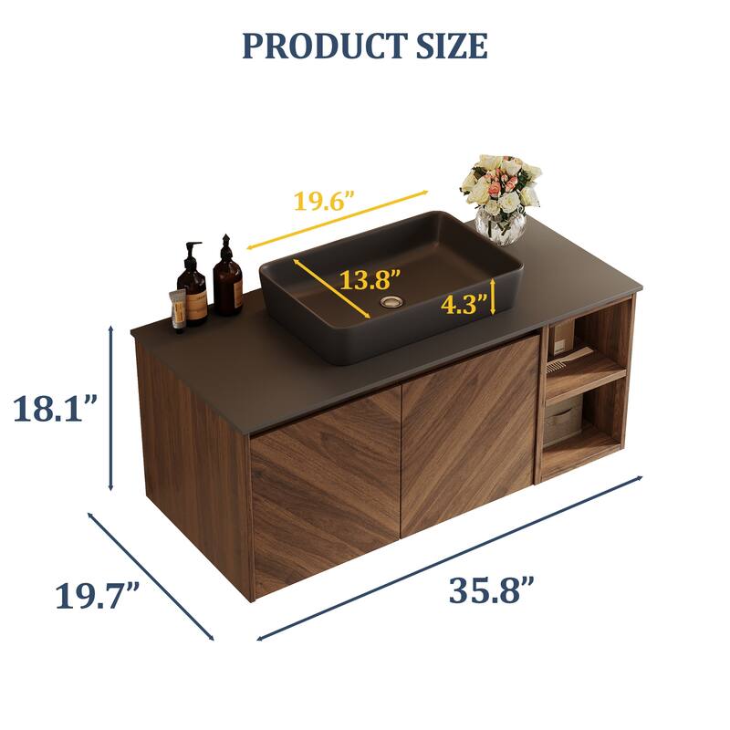 35.83'' Single Bathroom Vanity with Stone Top, Brown Wood, Black Vessel, Floading Vanities