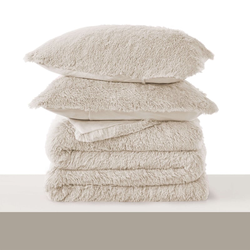 Fluffy Shaggy Reversible Faux Fur Comforter Set, Fuzzy Plush Bedding Set