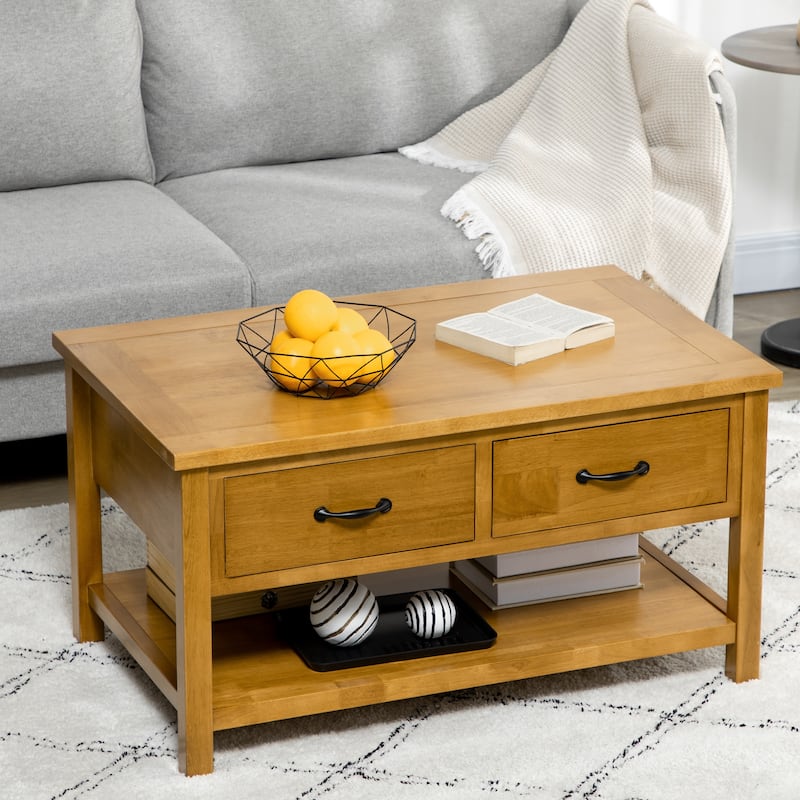 HOMCOM Rustic Coffee Table, Wood Cocktail Table with Drawers and Open Shelf for Living Room, Natural