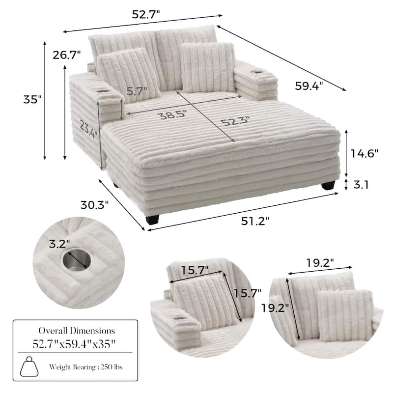 Modern Cream Faux Rabbit Fur Single Chaise Lounge with 2 Cup Holders, 2 Pillows & Solid Wood Frame, Cozy Daybed Sofa Chair