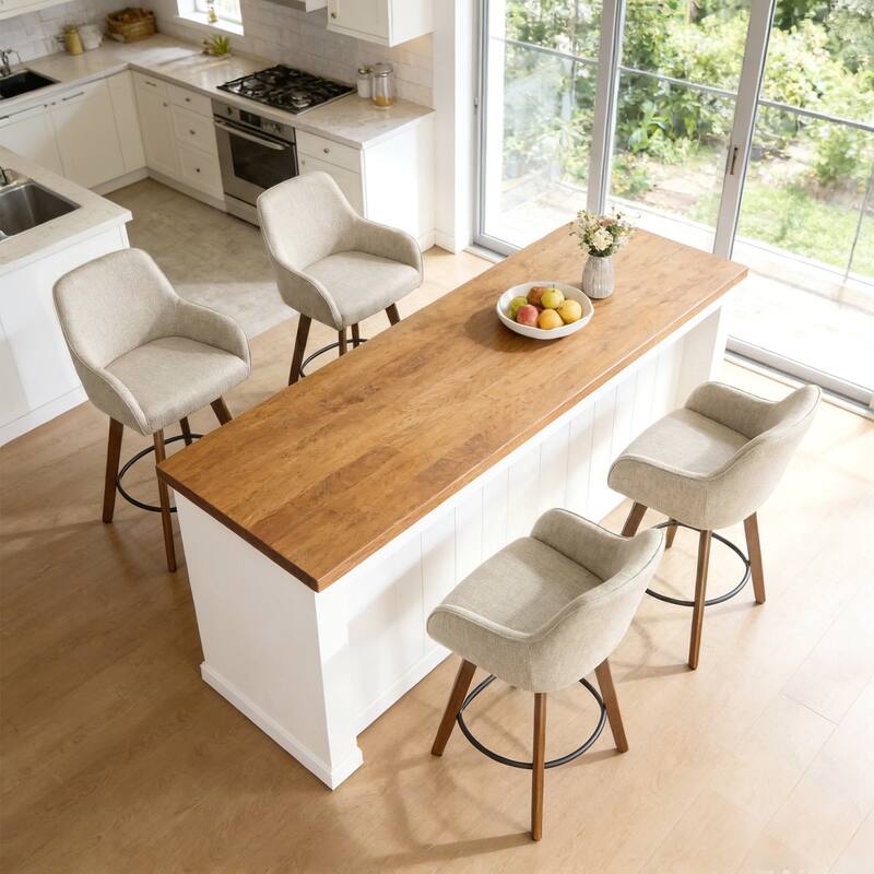 25 Inch Upholstered Swivel Counter Height Bar Stool with Armrests, Solid Wood Legs - 23.6"W x 22.4"D x 40.2"H