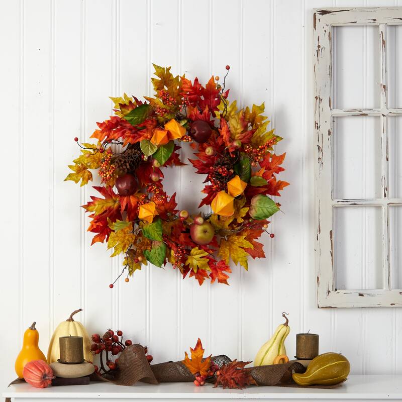 Autumn Maple Leaf Berries and Pinecone Artificial Wreath, 24-Inch, Unlit
